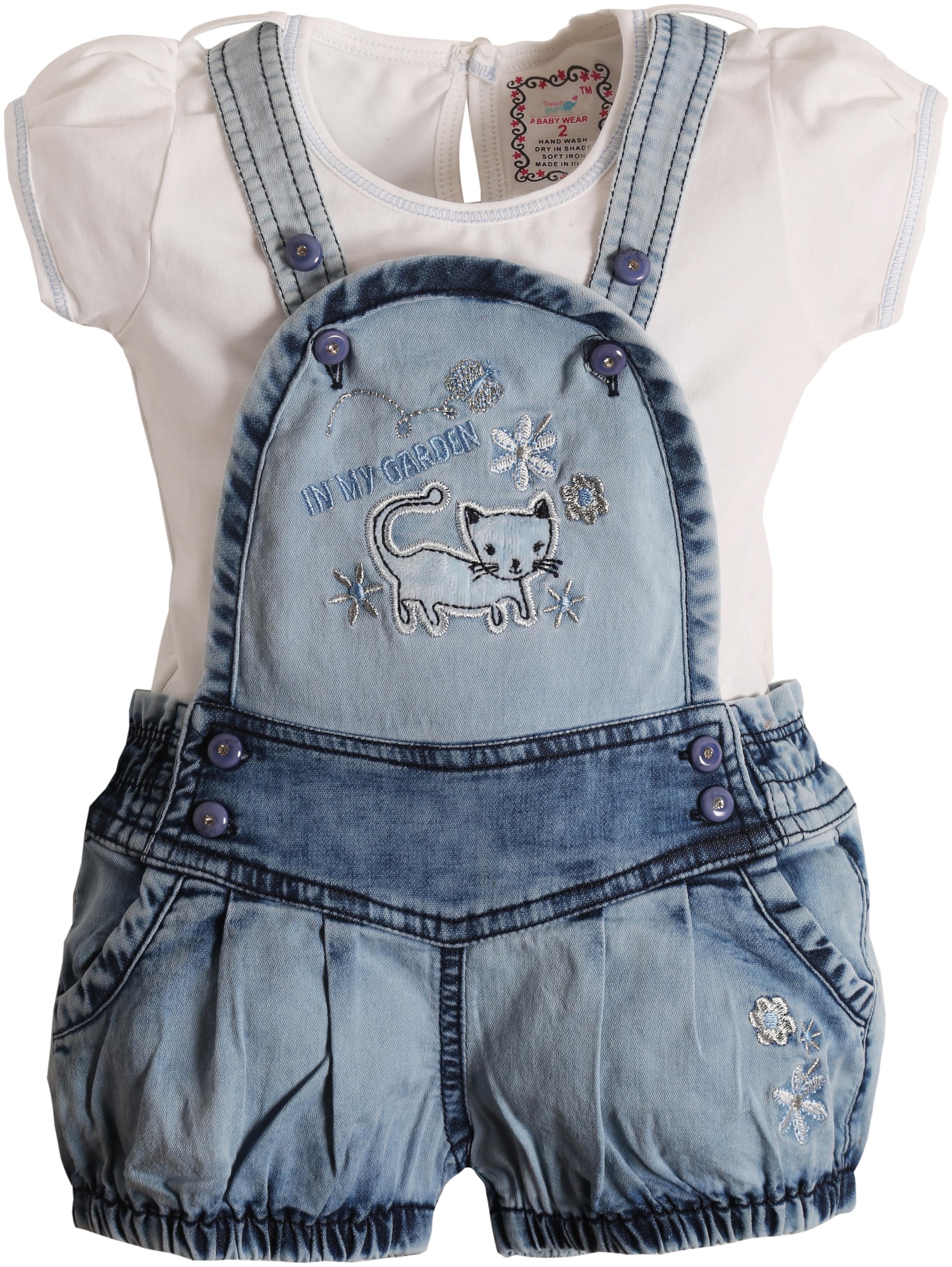 

TOONYPORT In My Garden Print Round Neck Short Sleeve T Shirt With Denim Romper (Blue White)