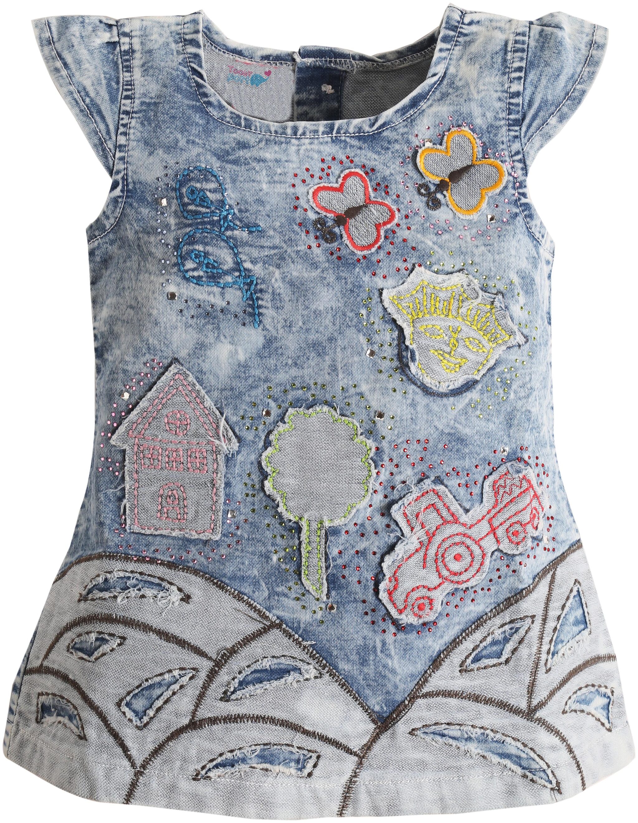 

TOONYPORT Patch Work Denim Round Neck Short Sleeve Frock (Blue)