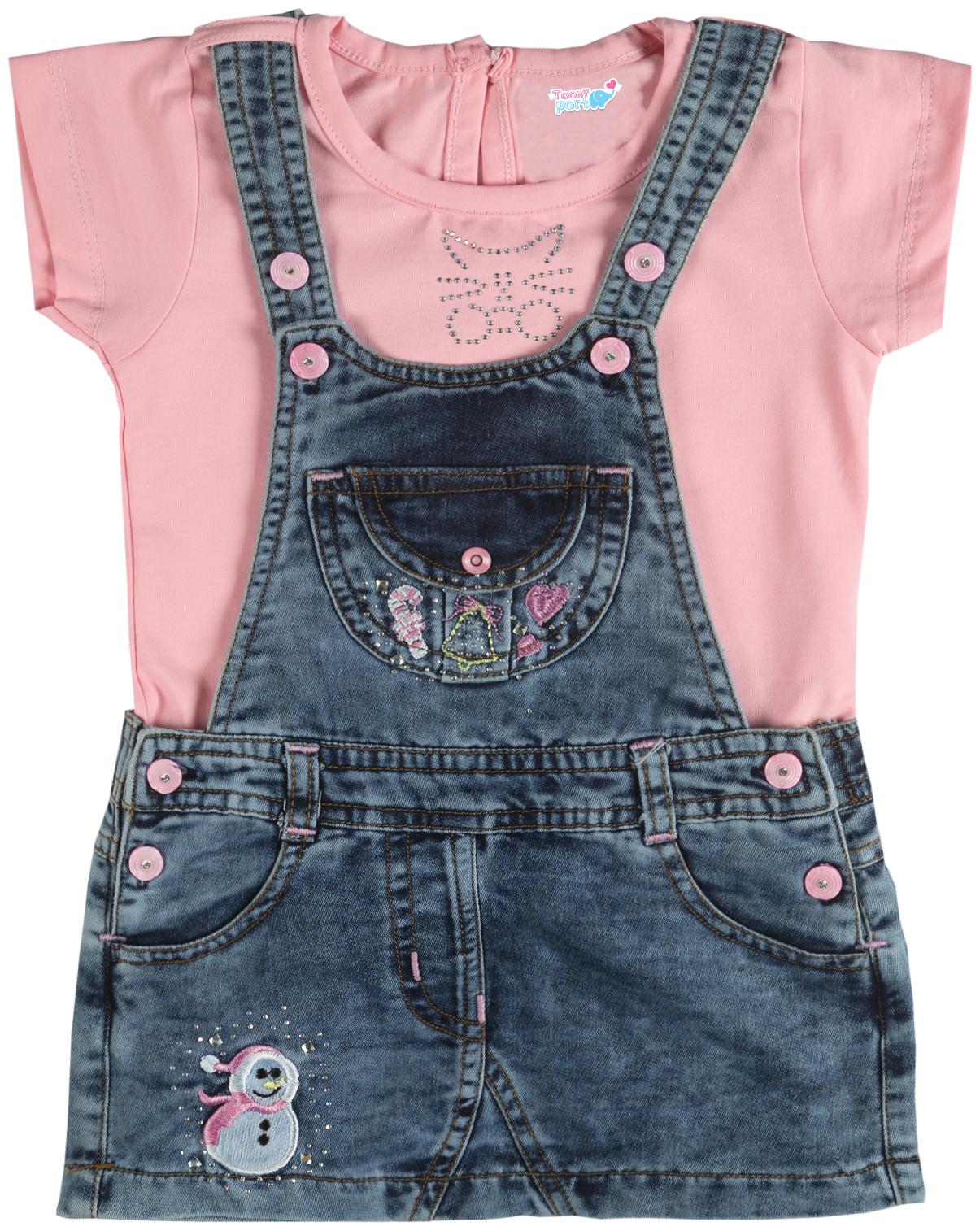 

TOONYPORT SnowMan Print Round Neck Short Sleeve T Shirt With Denim Romper (Pink Blue)