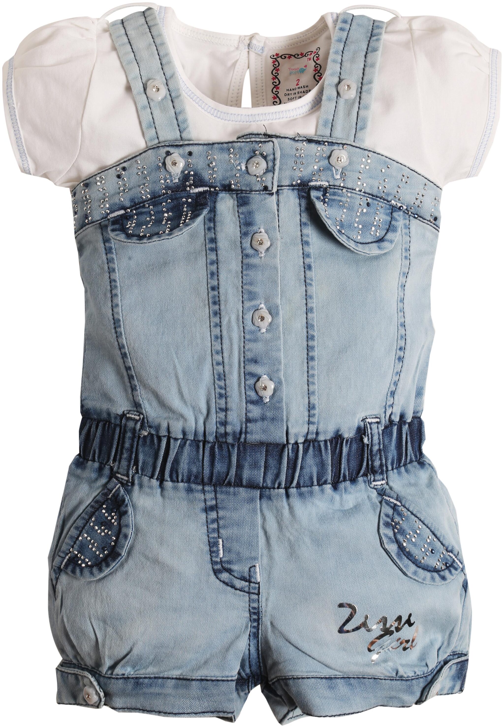 

TOONYPORT Zissi Girl Print Round Neck Short Sleeve T Shirt With Denim Romper (Blue White)