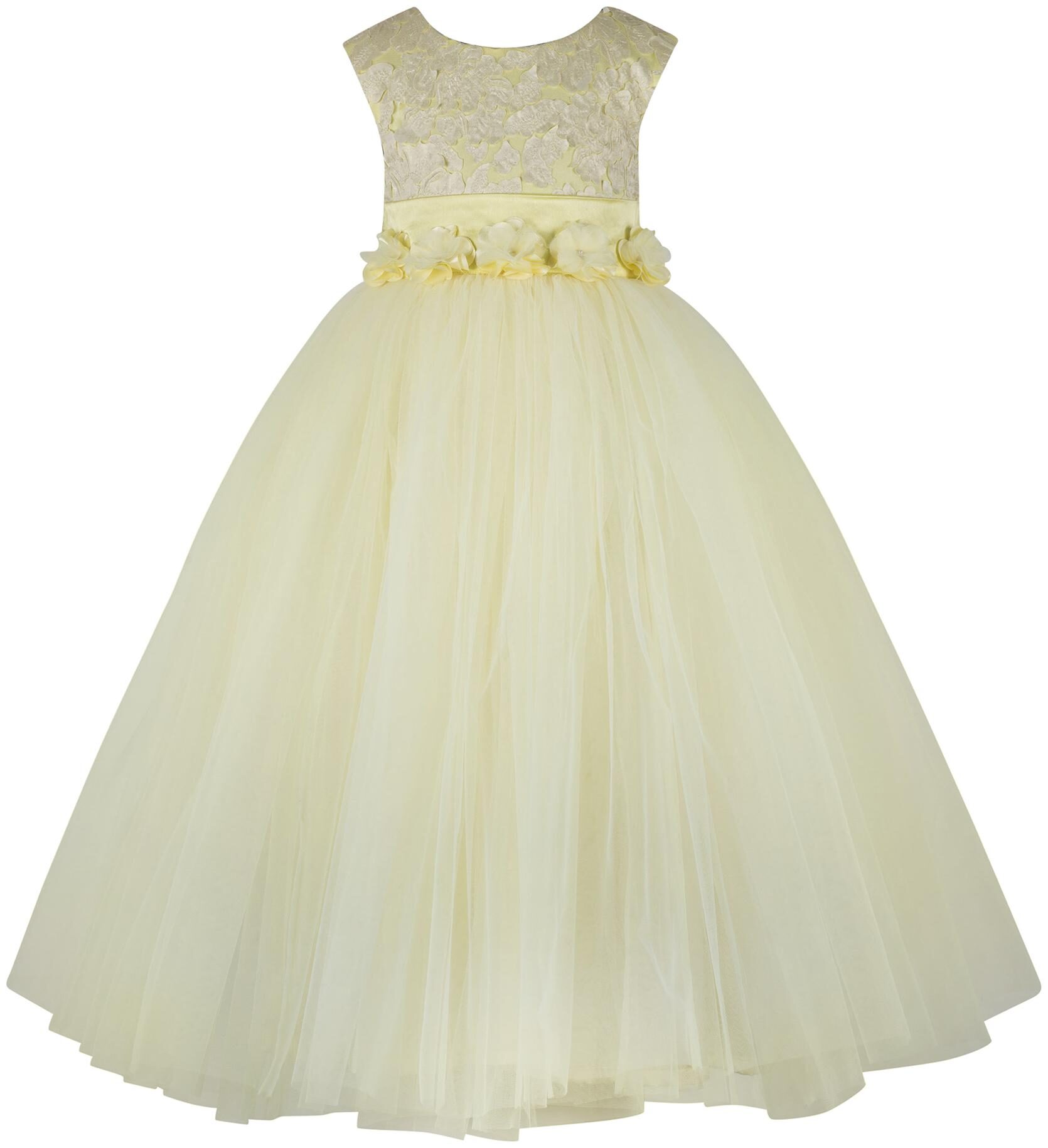 

Toy Balloon Kids Yellow Floral Applique Girls Party Wear Gowns