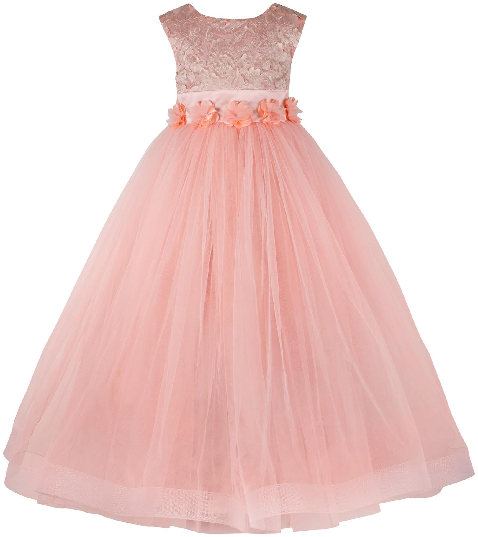 

Toy Balloon Kids Peach Floral Applique Girls Party Wear Gowns