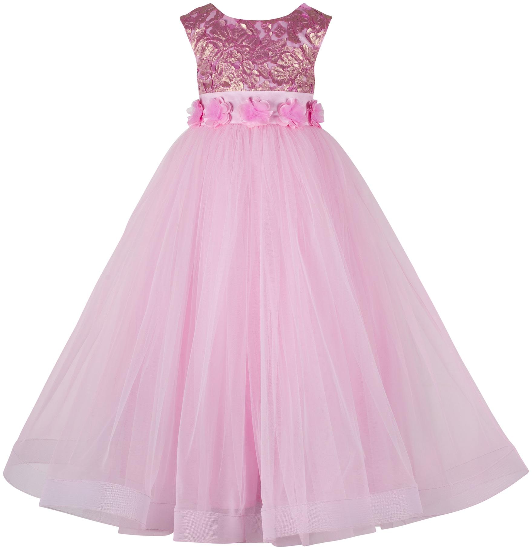 

Toy Balloon Kids Pink Floral Applique Girls Party Wear Gowns