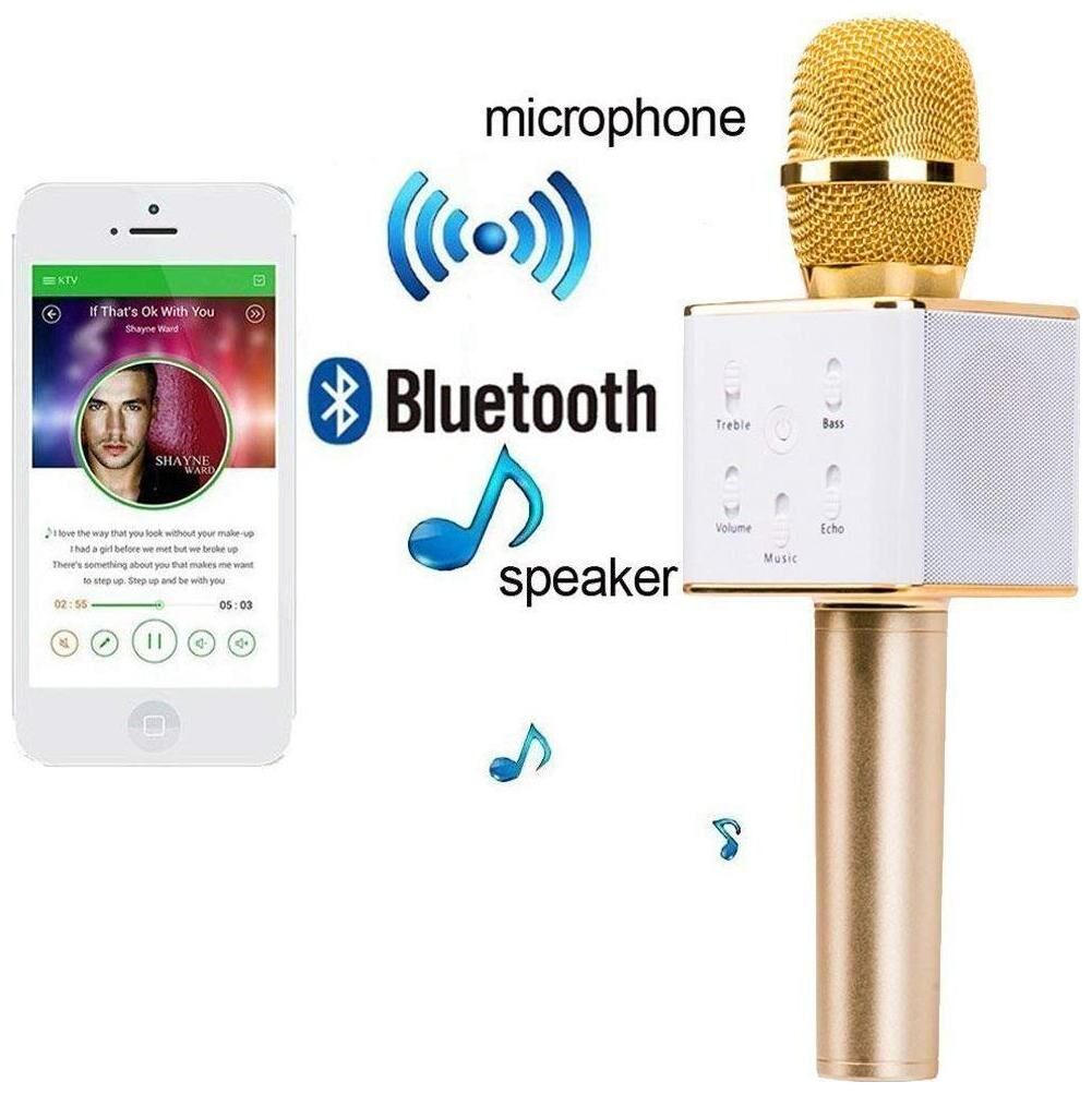 

TSV Wireless Karaoke Mic Q7 With Attach Bluetooth Speaker And Echo Function 2600 mAh Battery Aux And Usb Cables Golden