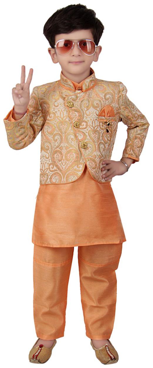 

Twig Festive Boy Raw silk Printed Sherwani - Orange