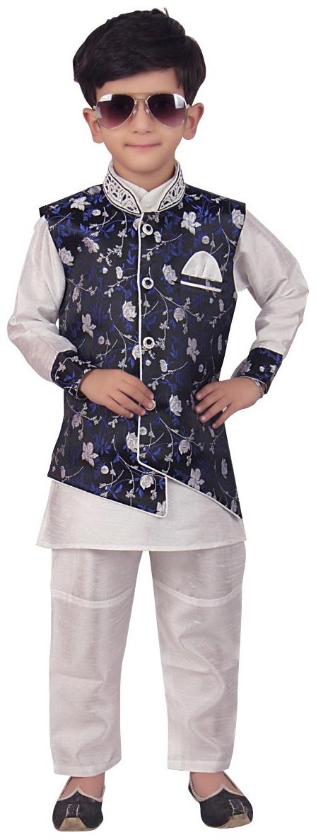 

Twig Festive Boy Raw silk Floral Kurta pyjama set - Blue White
