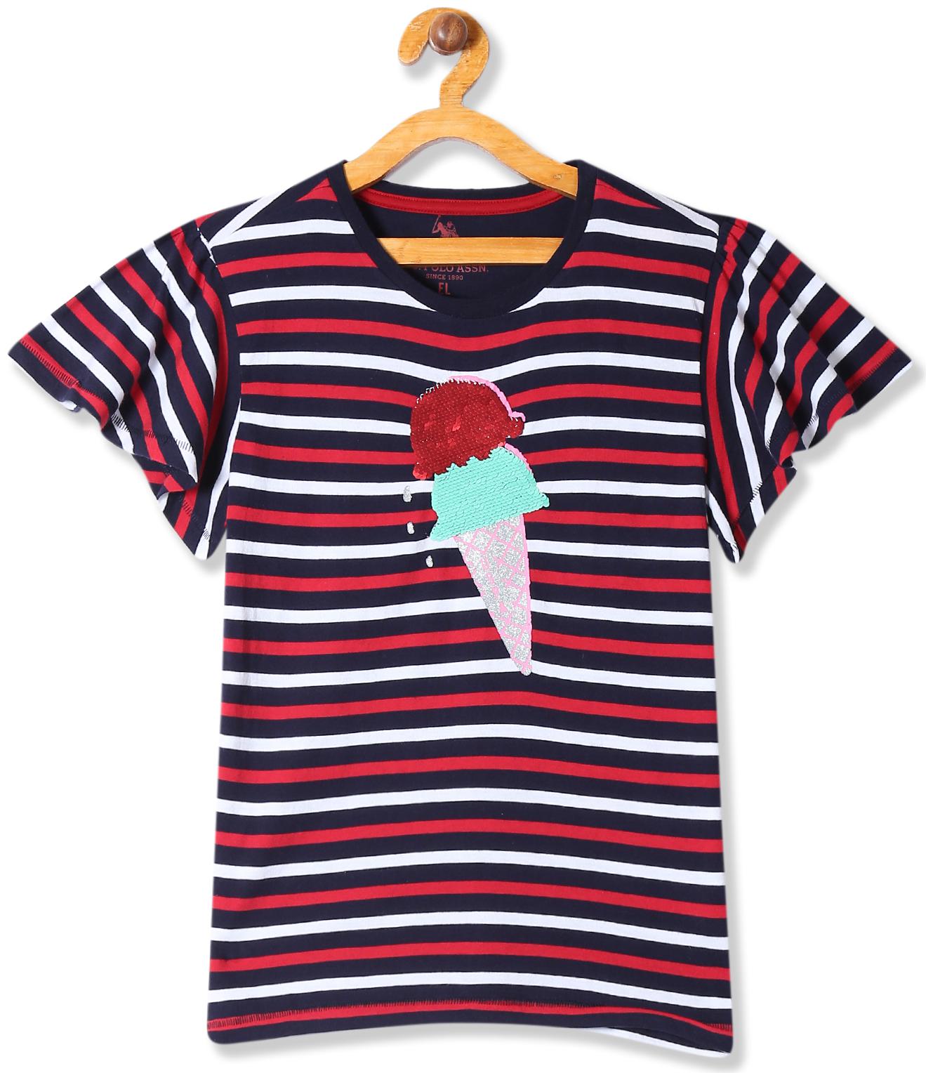 

U S Polo Assn Girl Cotton Striped T shirt - Blue