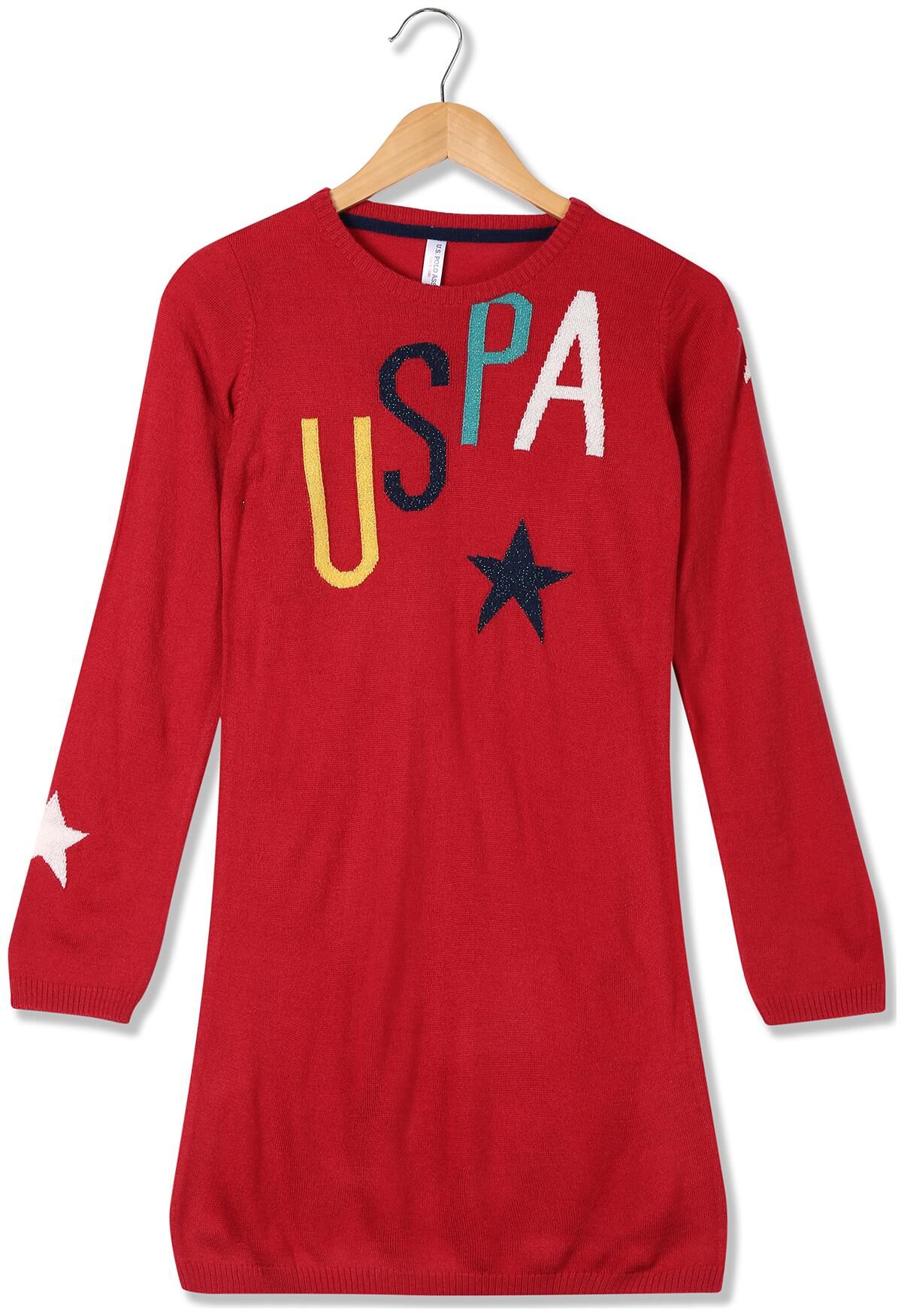

U S Polo Assn Red Wool Blended Full Sleeves Knee Length Princess Frock ( Pack of 1 )