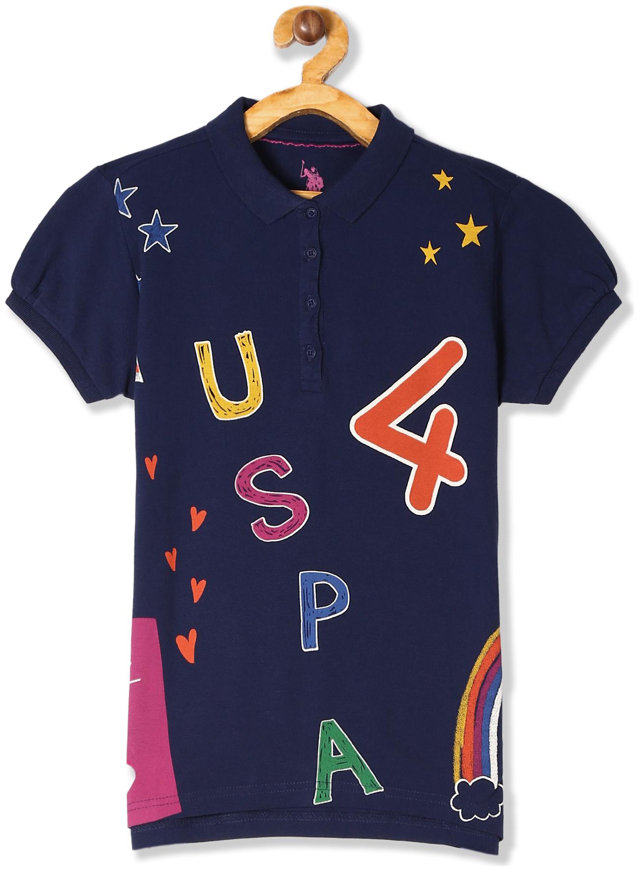

U S Polo Assn Girl Cotton Printed T shirt - Blue