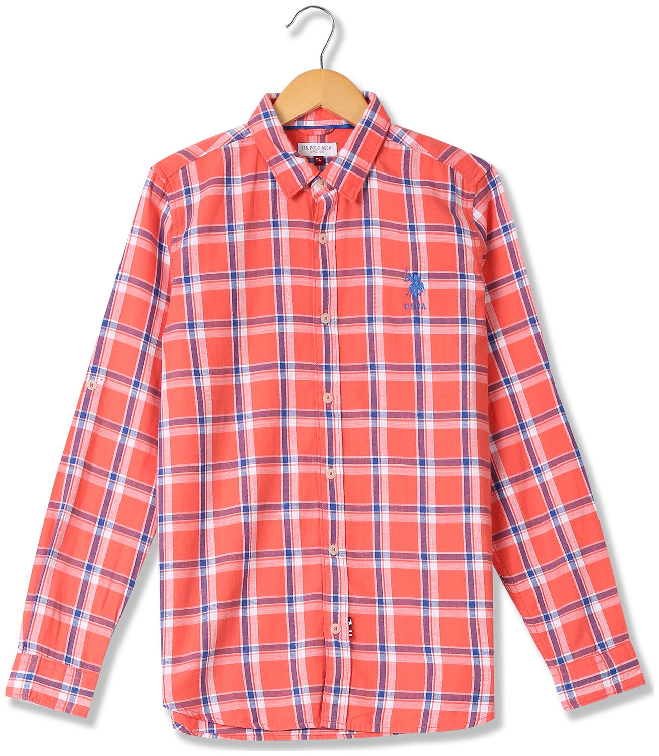

U S Polo Assn Boy Cotton Checked Shirt Orange