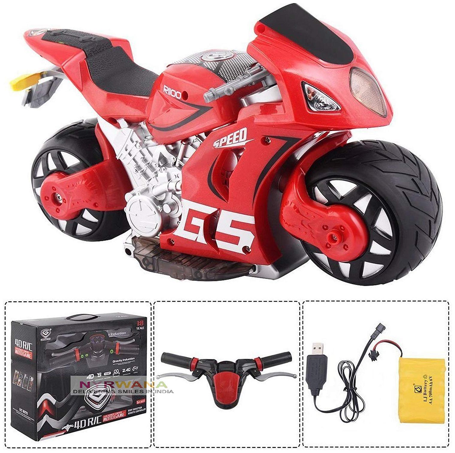 

Ultra Fast 4D Moto 2 4Ghz 1 8 Scale Gravity Sensor Handlebar Remote Control RC Plastic Bike red