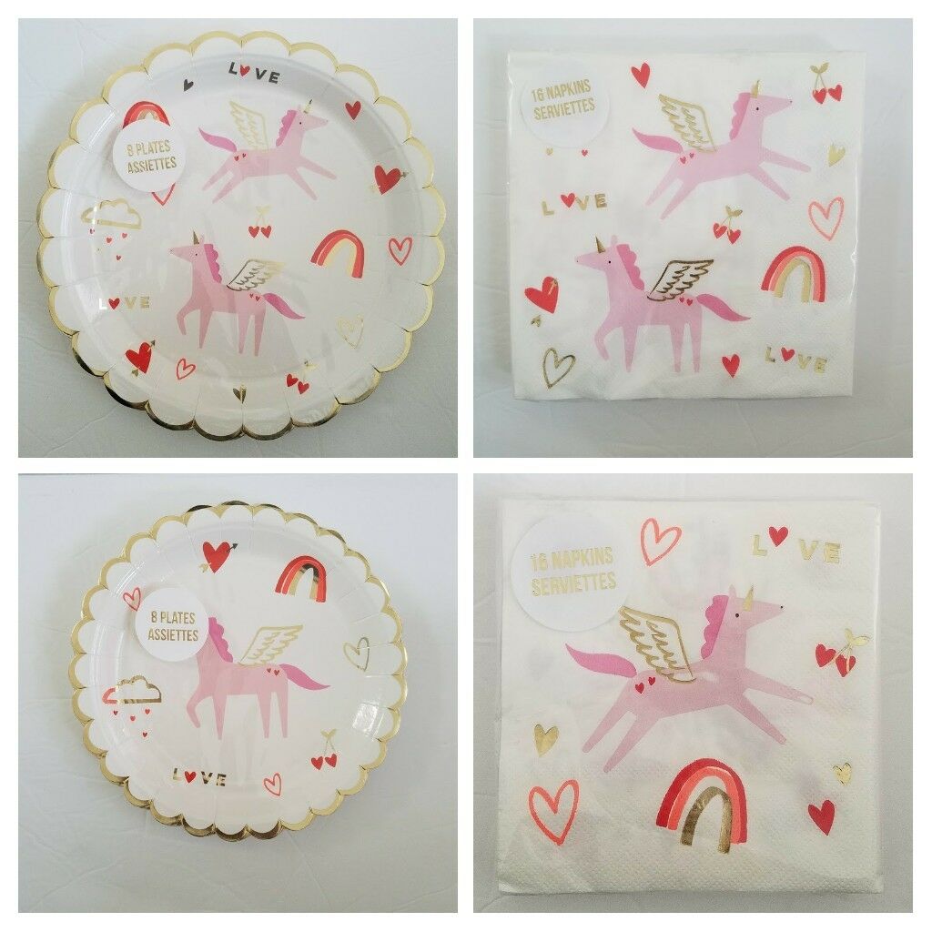 

Valentines Meri Meri UNICORN Set of 8 Paper Plates 8 Dessert Dinner Bev Napkins