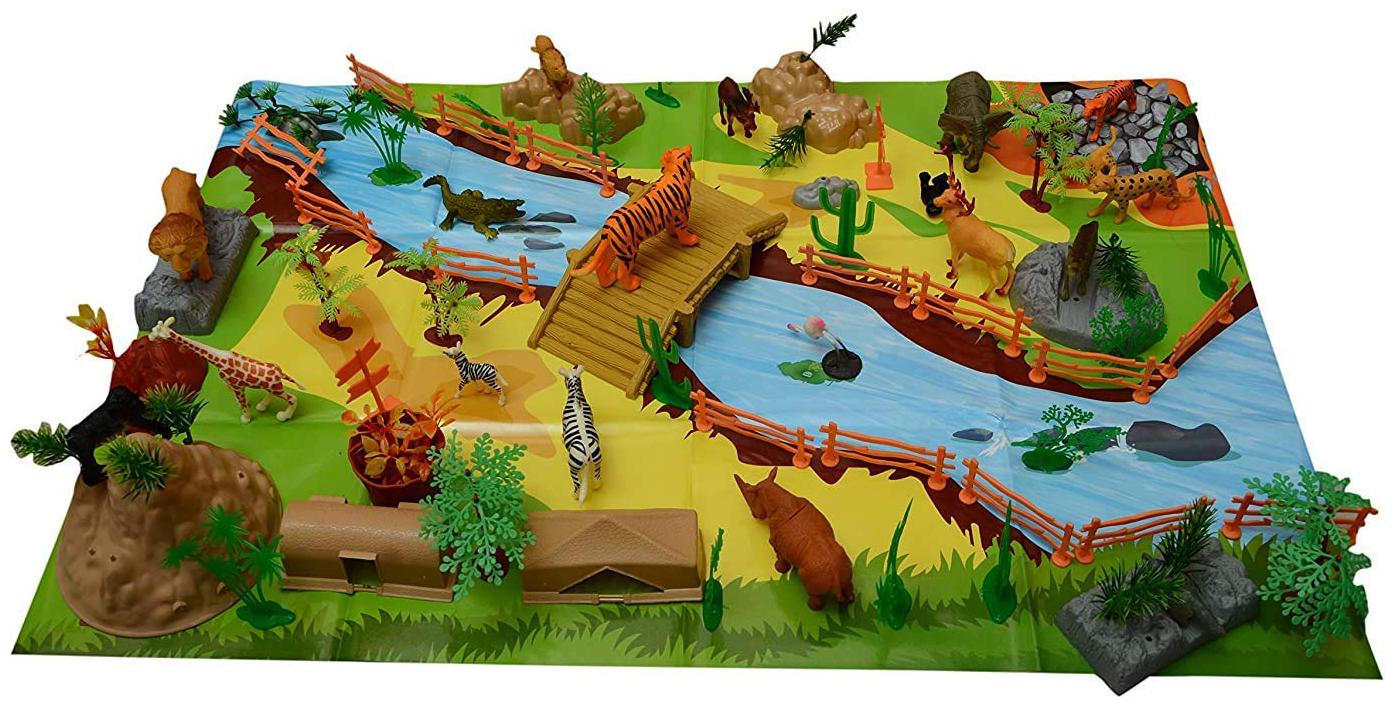 

VBE 111 Pieces Wild Animal Play Set Figures Set for Kids Young Ones Pack of Animals with Jungle Camouflage Play Mat