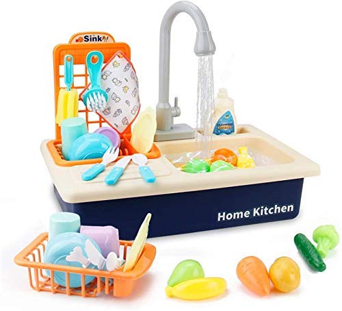 

VBE Toy Sink Electronic Dishwasher Kids Play Kitchen Toys Set with Working Faucet and Dishes Playset for Girls (Blue)