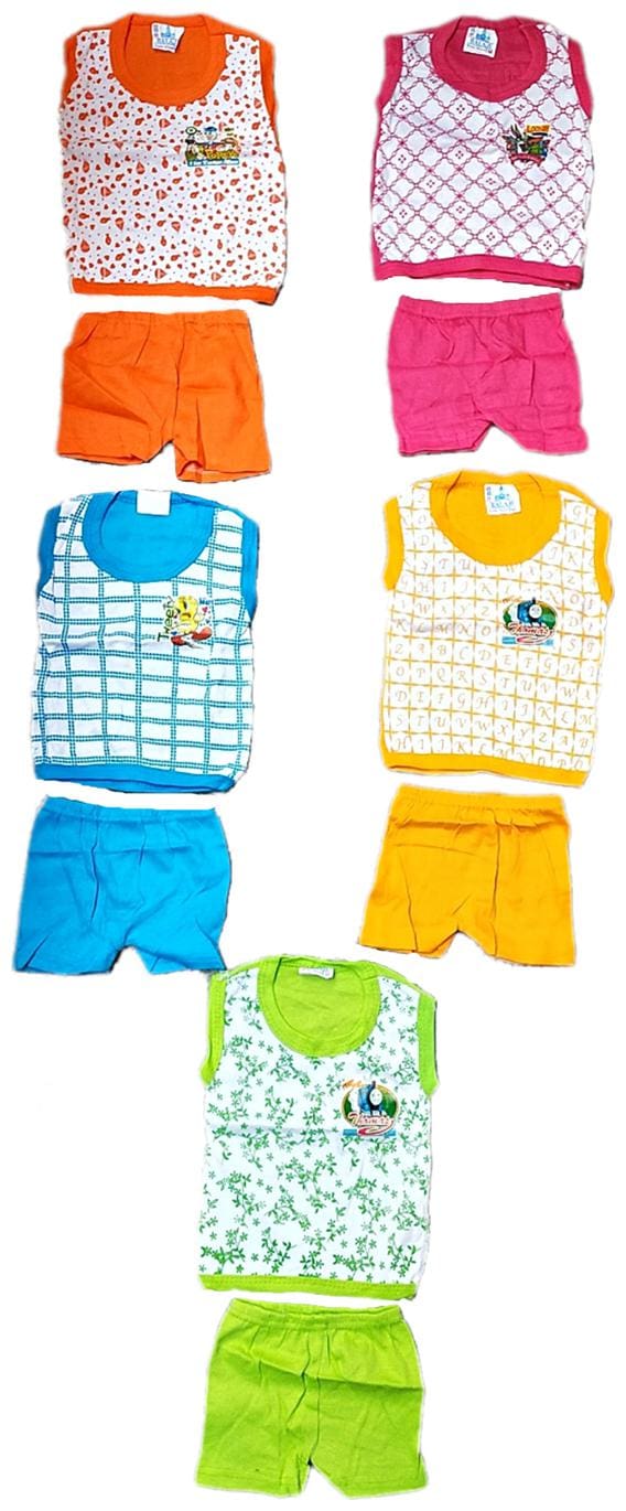 Wonder Star Present Premium Quality Small Baby Pure Cotton without sleeves with half paint suits 2 pc Set of 5 (Top+ Pajama) 6 TO 12 MONTH (Assorted Color & Design)
