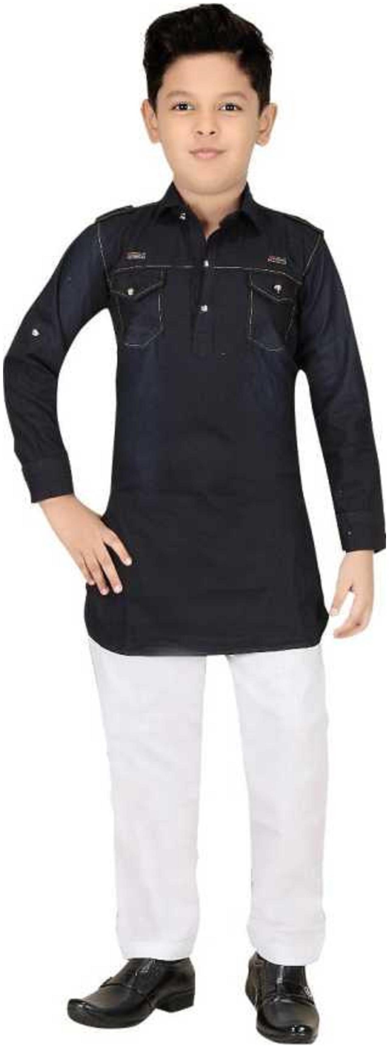 

XBOYZ Boy Denim Solid Kurta pyjama set - Black White