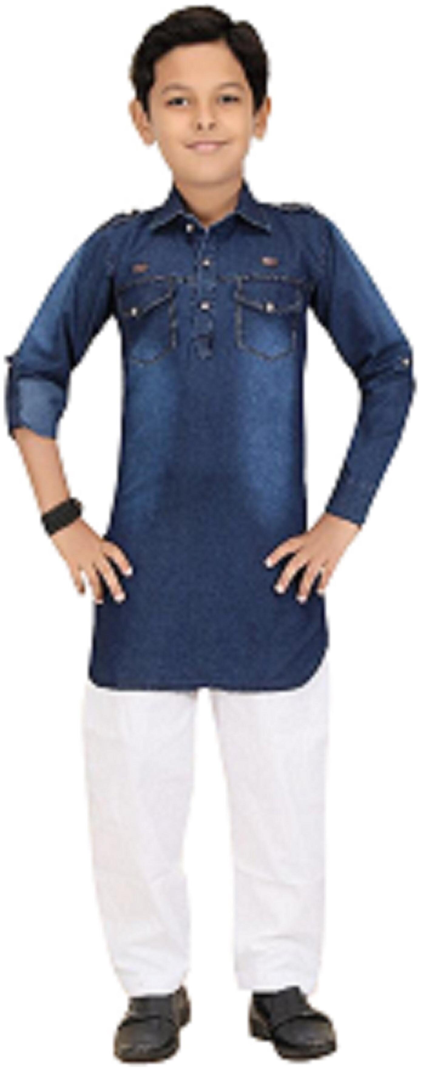 

XBOYZ Boy Denim Solid Kurta pyjama set - Blue White