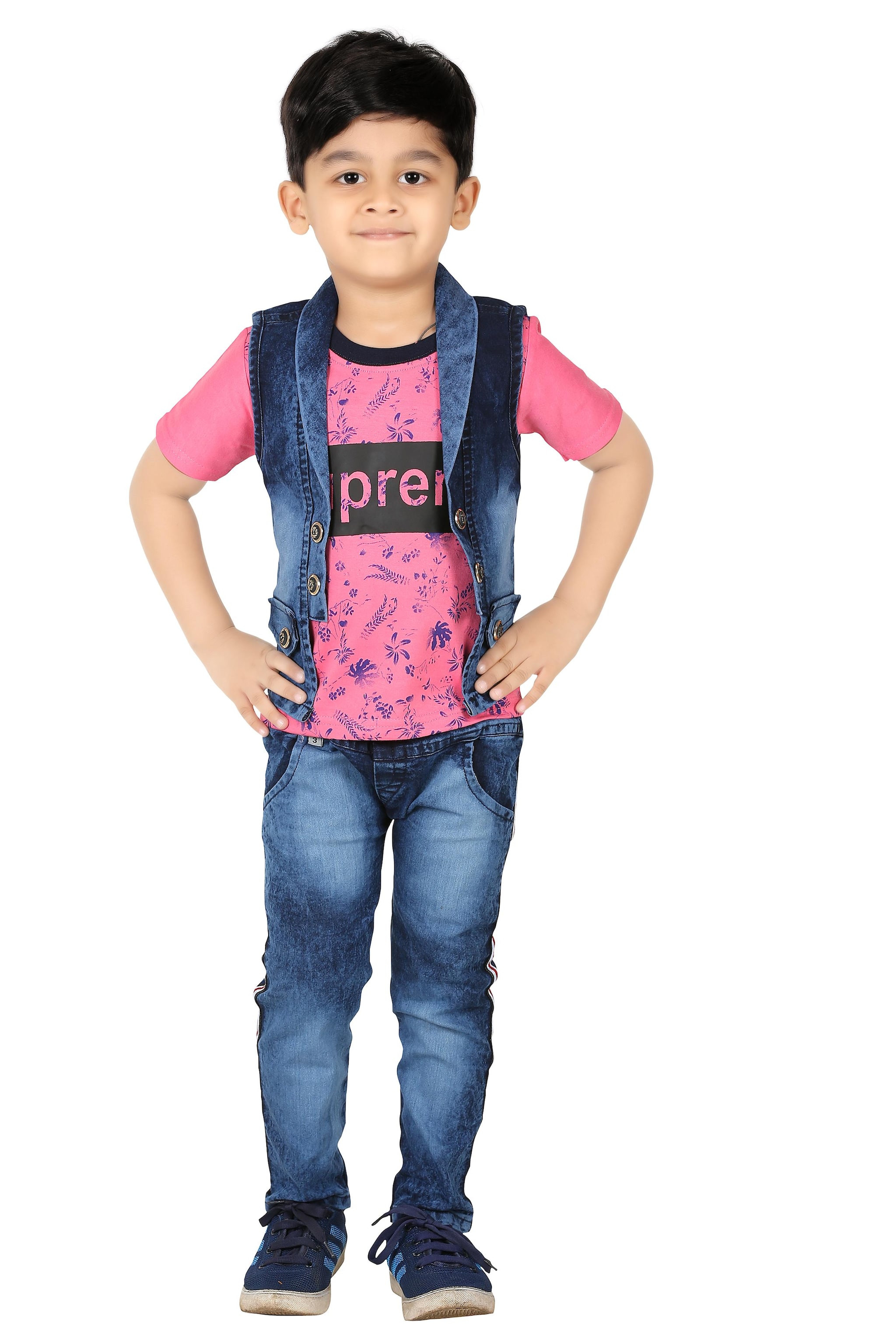 

XBOYZ Denim Printed Top Bottom Set - Pink