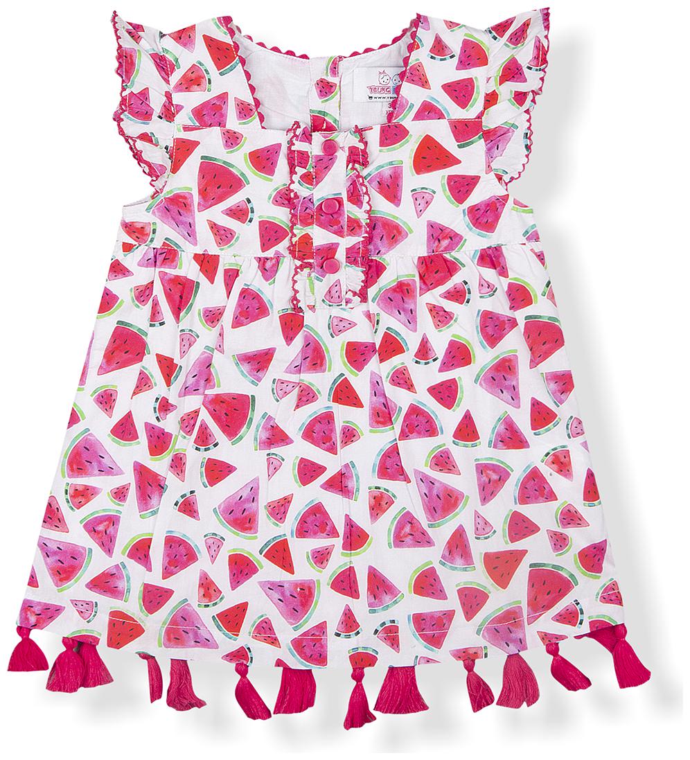

Young Birds Baby girl Cotton Printed Princess frock - White Pink