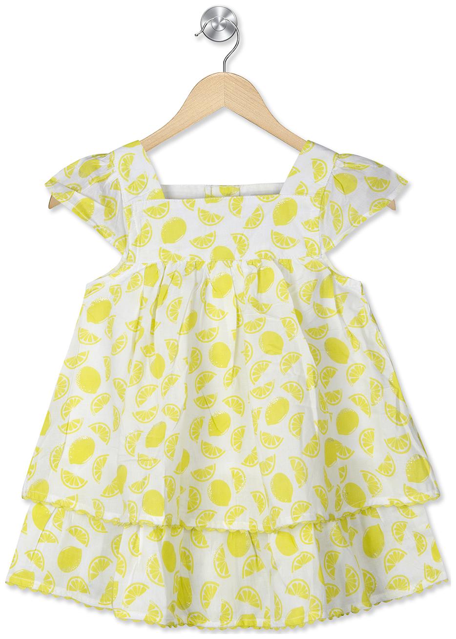 

Young Birds Baby girl Cotton Printed Princess frock - Yellow White