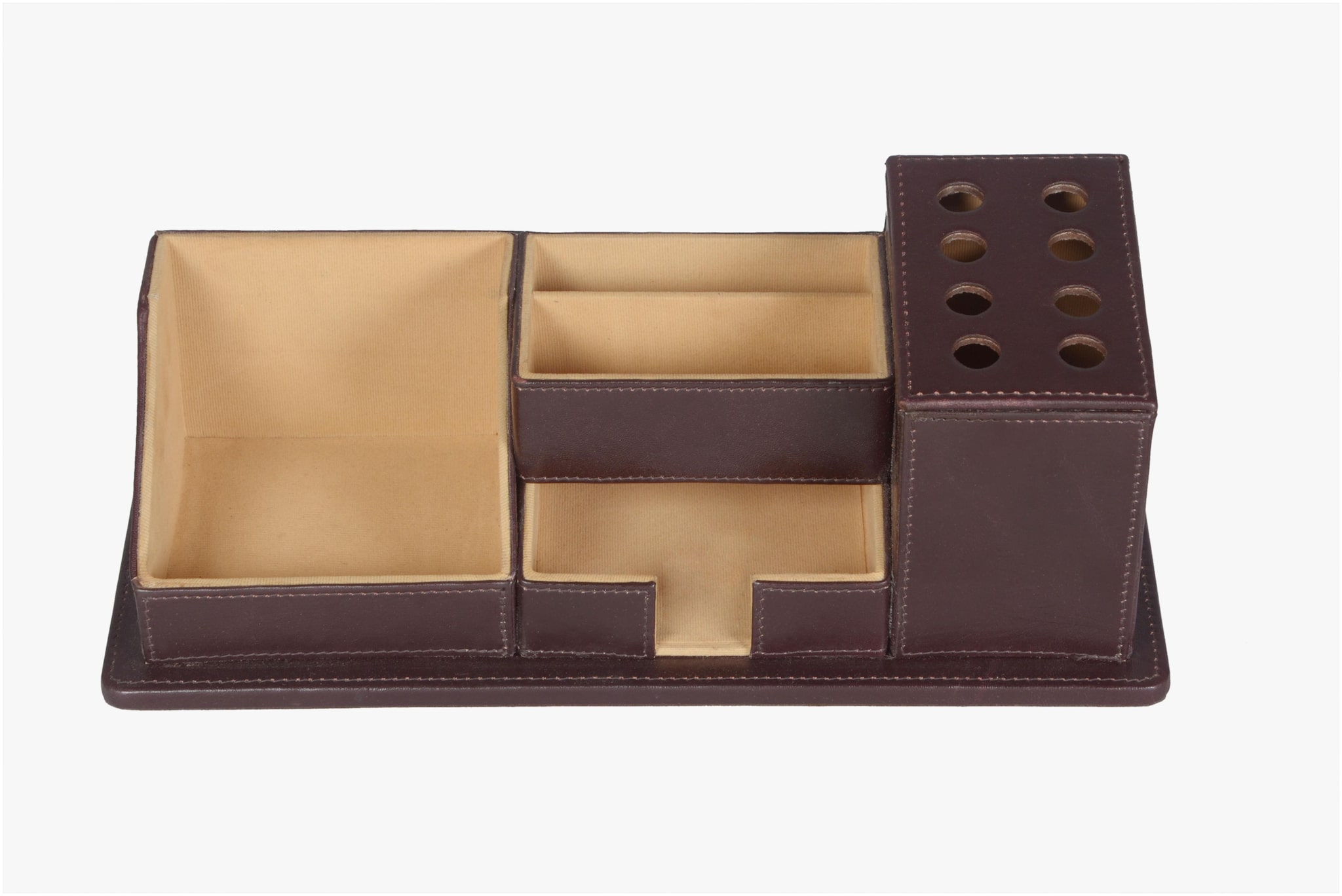 

Zint Brown Genuine Leather Multi Compartment Pen Stand Holder Office Organizer Desk Accessory