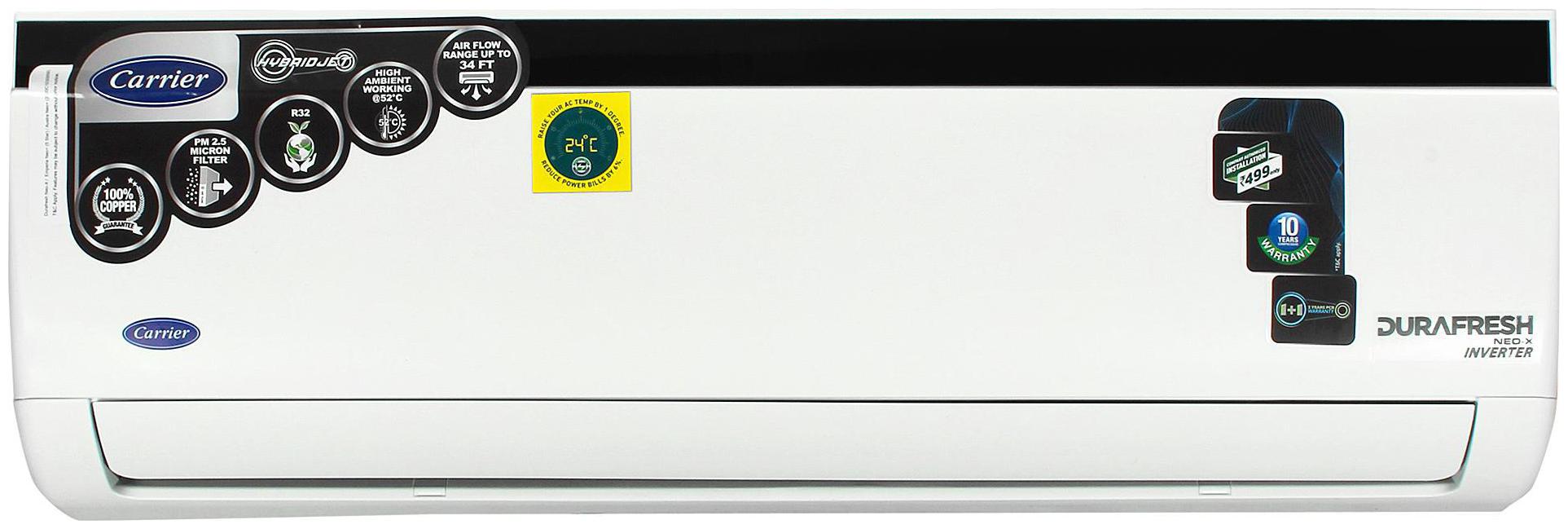 

Carrier 1 0 Ton Inverter 3 Star Copper (2019 Range) Durafresh Neo-X CAI12DN3R39F0 Split AC (White)
