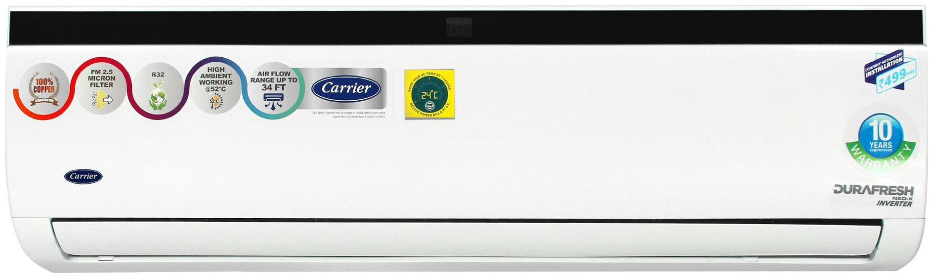 

Carrier 1 5 Ton Inverter 3 Star Copper (2019 Range) Durafresh Neo-X CAI18DN3R39F0 Split AC (White)