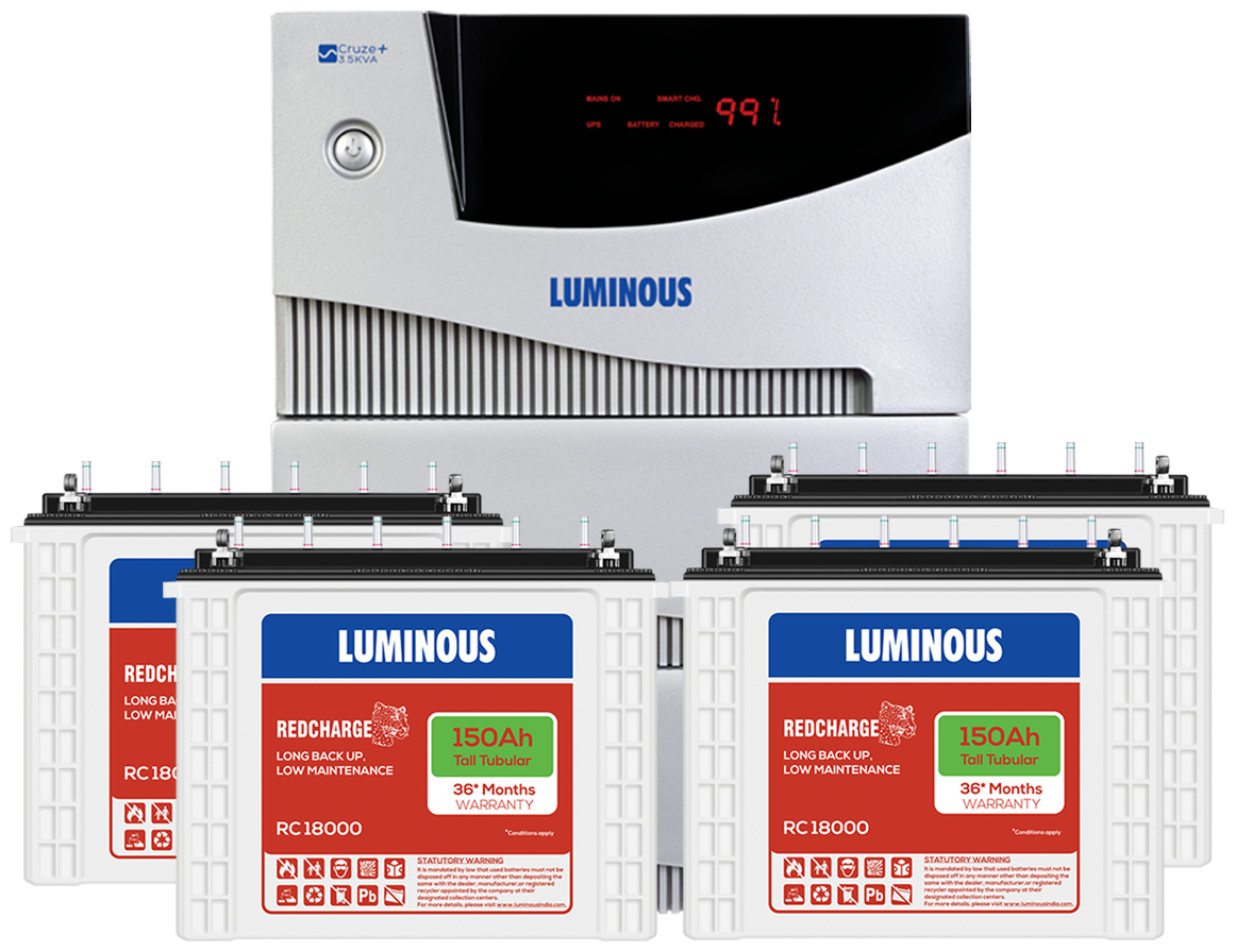 

Luminous Cruze 3 5KVA with 4Nos of Red Charge RC18000 150Ah Tall Tubular Battery