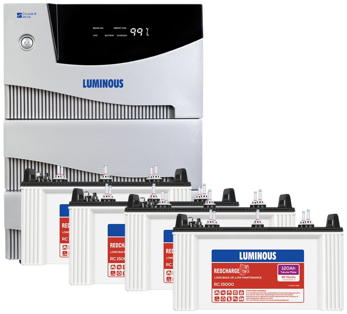 

Luminous Cruze 4KVA with 4Nos of Red Charge RC15000 120Ah Short Tubular Battery