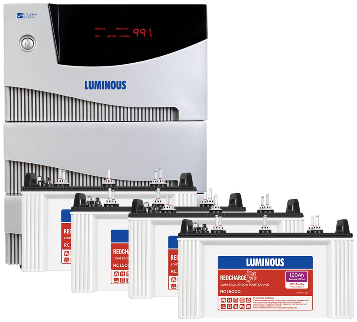 

Luminous Cruze 3 5KVA with 4Nos of Red Charge RC15000 120Ah Short Tubular Battery