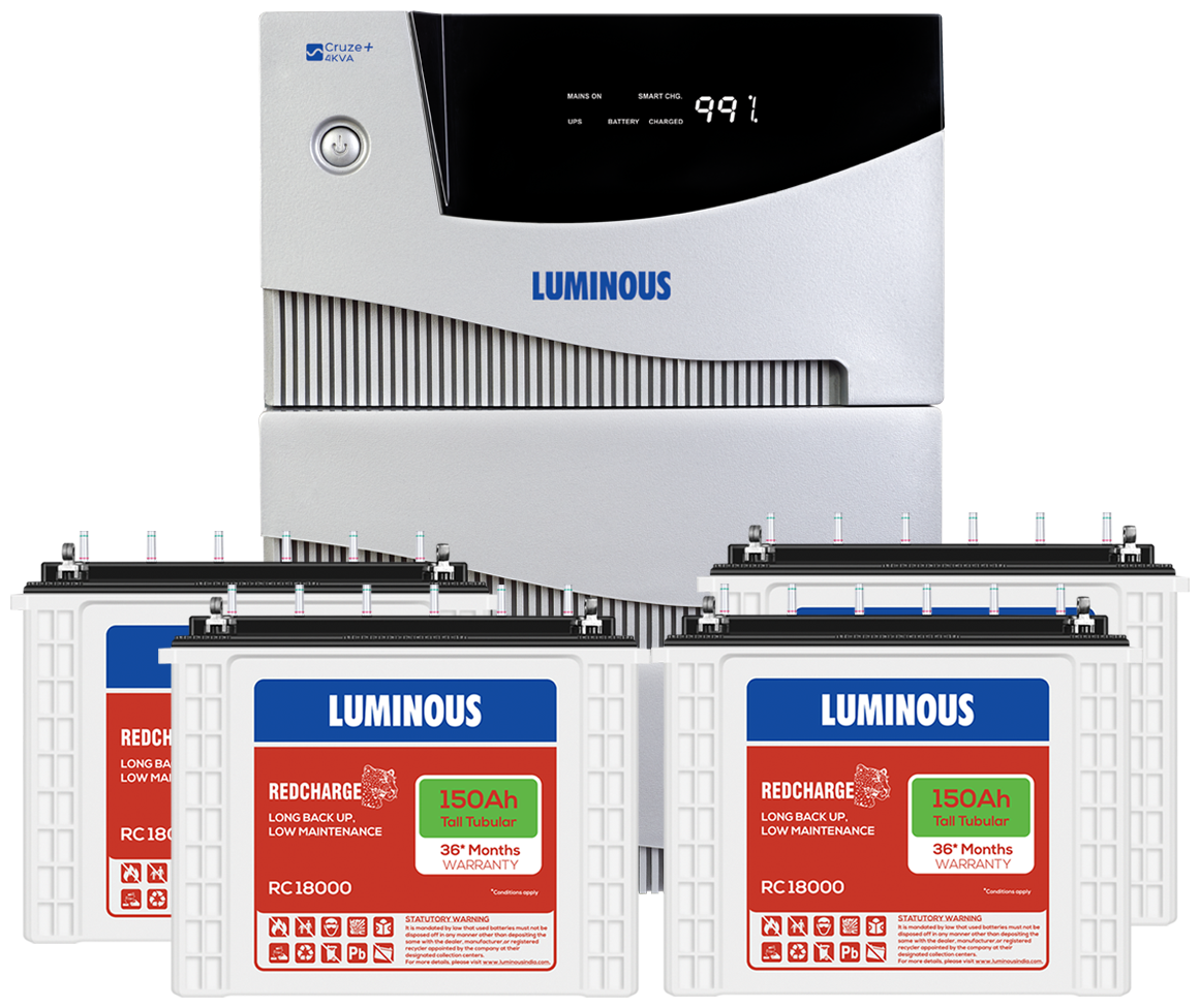 

Luminous Cruze 4KVA with 4Nos of Red Charge RC18000 150Ah Tall Tubular Battery
