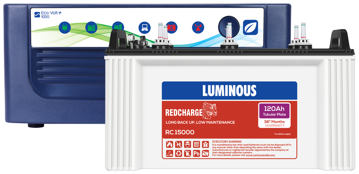 

Luminous Eco Volt 1050 with Red Charge RC15000 120Ah Short Tubular Battery