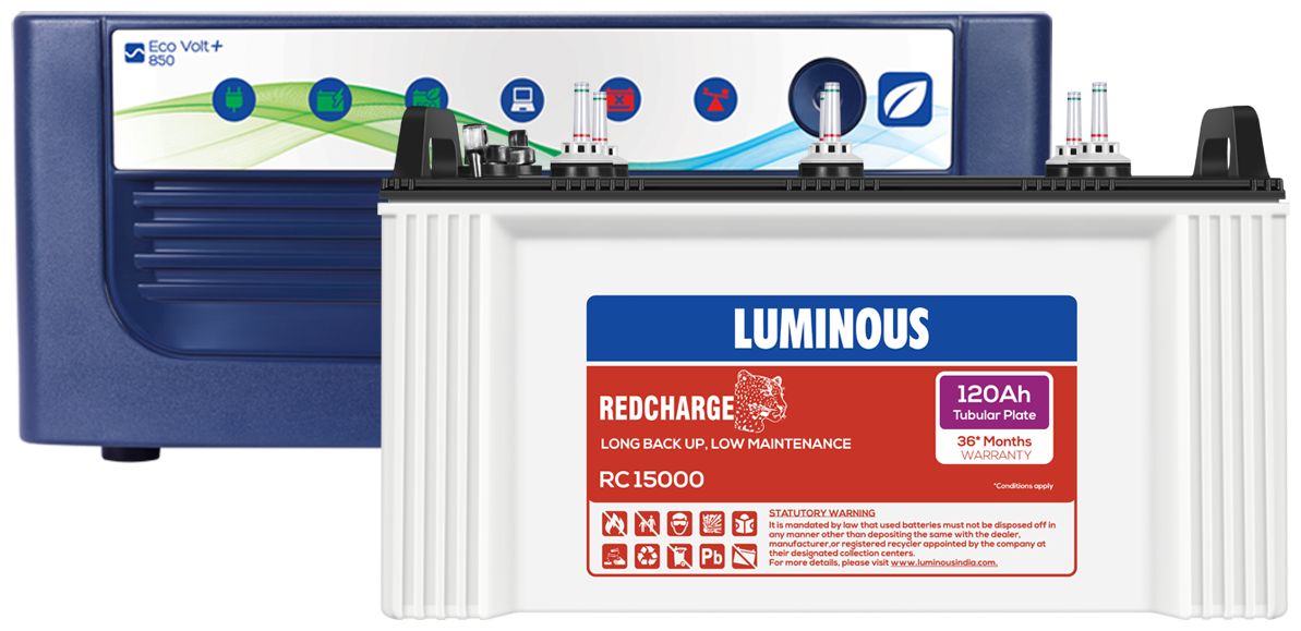 

Luminous Eco Volt 850 with Red Charge RC15000 120Ah Tubular Battery