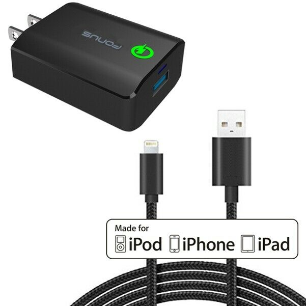 

18W Adaptive Fast QC3 0 Home USB Charger 6ft MFI Cable Adapter for iPHONE iPAD