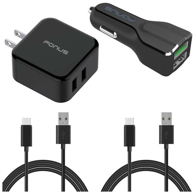 

4-in-1 Adaptive Fast Home Car Charger 6ft (Two) USB Cable Combo for USB-C Phones