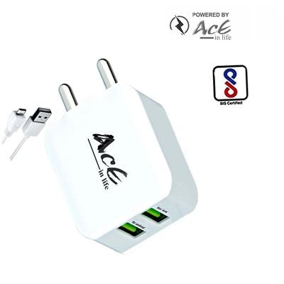 

AcE(2 1AMP 1AMP) 2 USB Ultra fastCharging with 2 USB SLOTS 2 4Amp Output Max Charger With USB Data Cable ACE-2603(IPHONE8)(2 1AMP) 2 USB