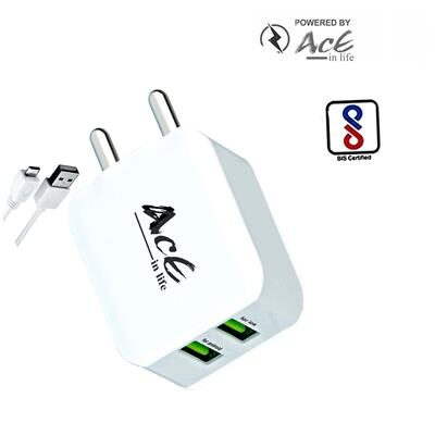 

AcE(2 1AMP 1AMP) 2 USB Ultra fastCharging with 2 USB SLOTS 2 4Amp Output Max Charger With USB Data Cable ACE-2603(IPHONE)(2 1AMP) 2 USB