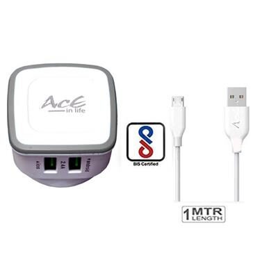 

AcE(2 1AMP 1AMP) 2 USB Ultra fastCharging with 2 USB SLOTS 2 4Amp Output Max Charger With USB Data Cable ACE-2112(MI)(2 1AMP 1AMP) 2 USB