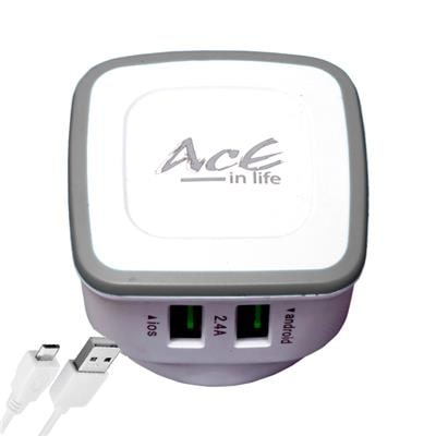 

AcE Ultra fast Charging with 2 USB SLOTS 2 4Amp Output Max Charger With USB Data Cable (White Grey) GR-2112