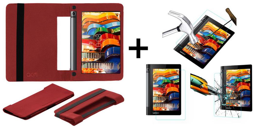 Acm Executive Case Tempered Glass Combo for Lenovo Yoga Tab 3 8 Flip Cover Screen Guard Red