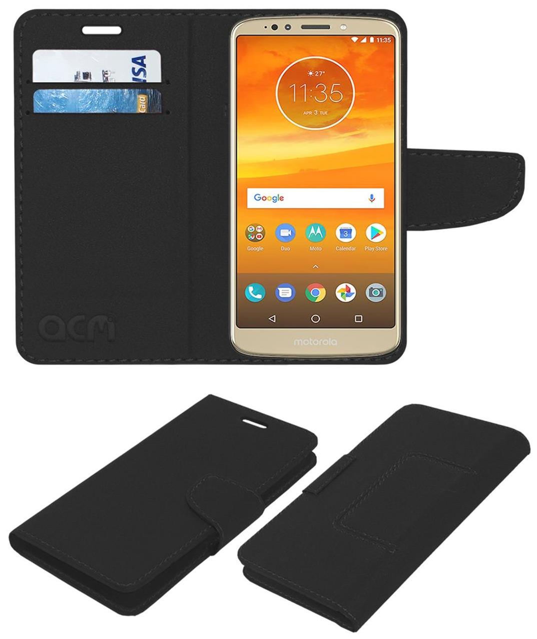 Acm Leather Flip Wallet Case for Motorola Moto E5 Plus Mobile Cover Black by Accessories Masters