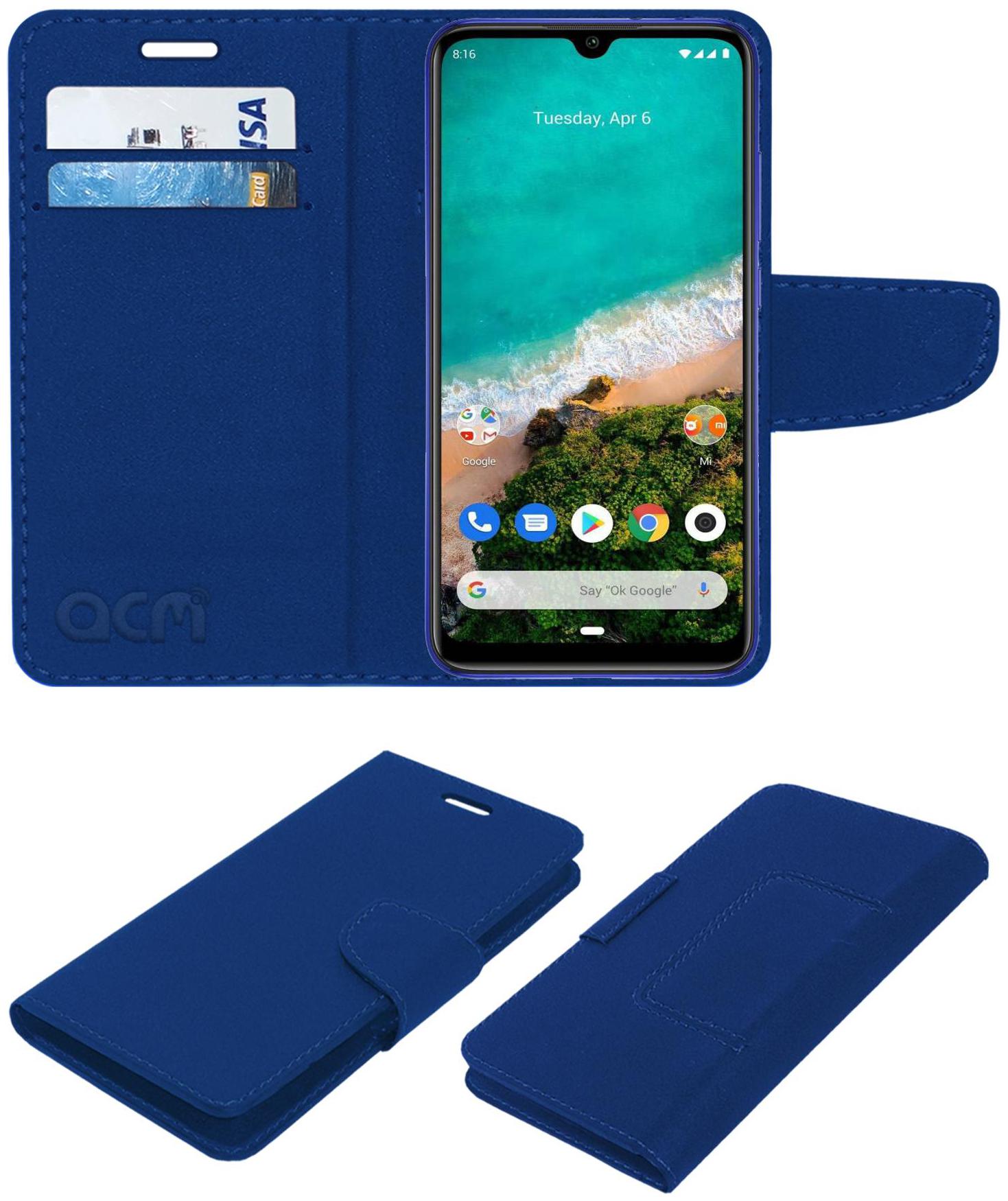 Acm Leather Flip Wallet Front Back Case for Mi A3 Mobile Cover Blue by Accessories Masters
