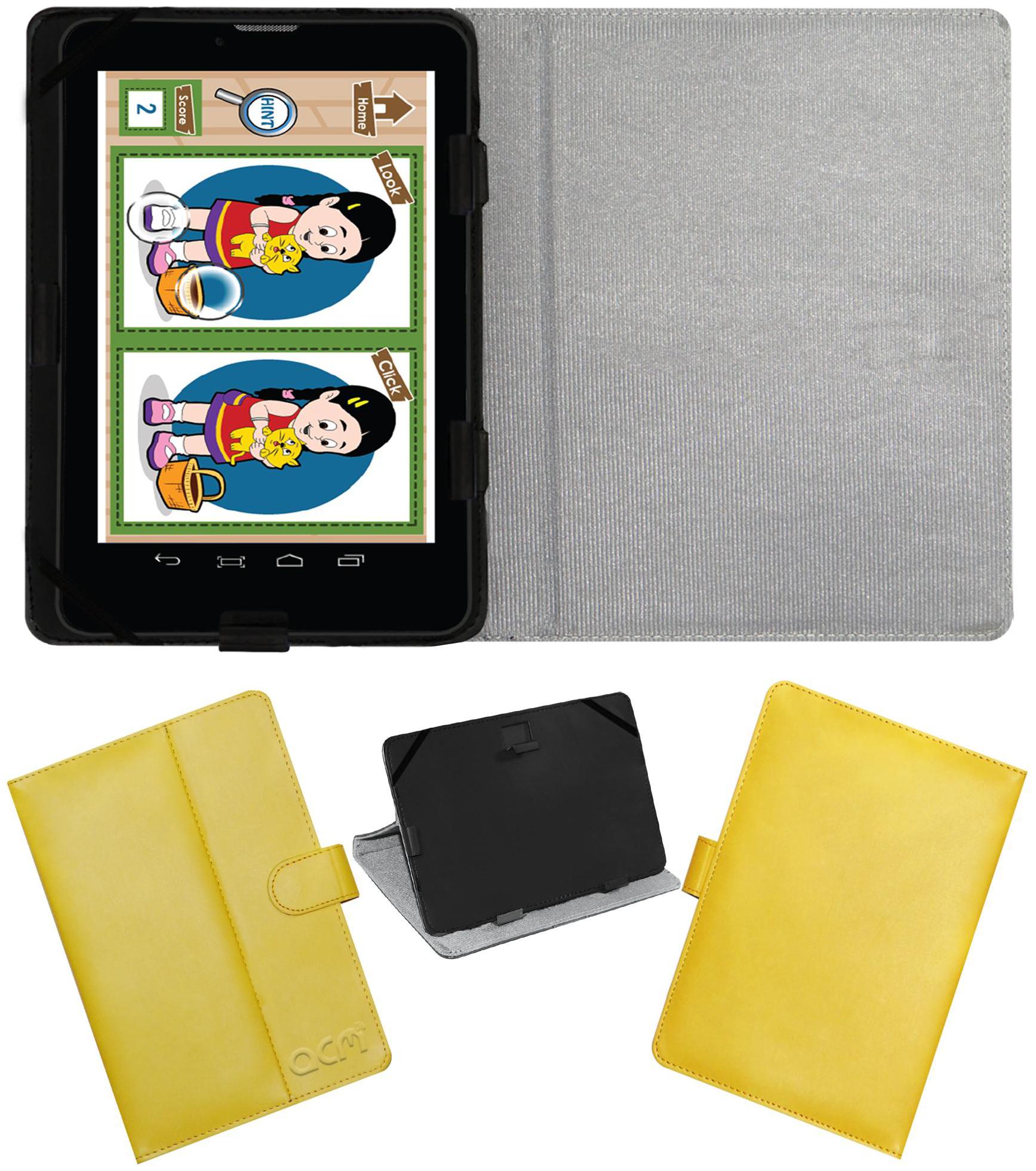 Acm Leather Flip Flap Case for Datawind Vidyatab Punjabi 7dcx Tablet Cover Stand Yellow