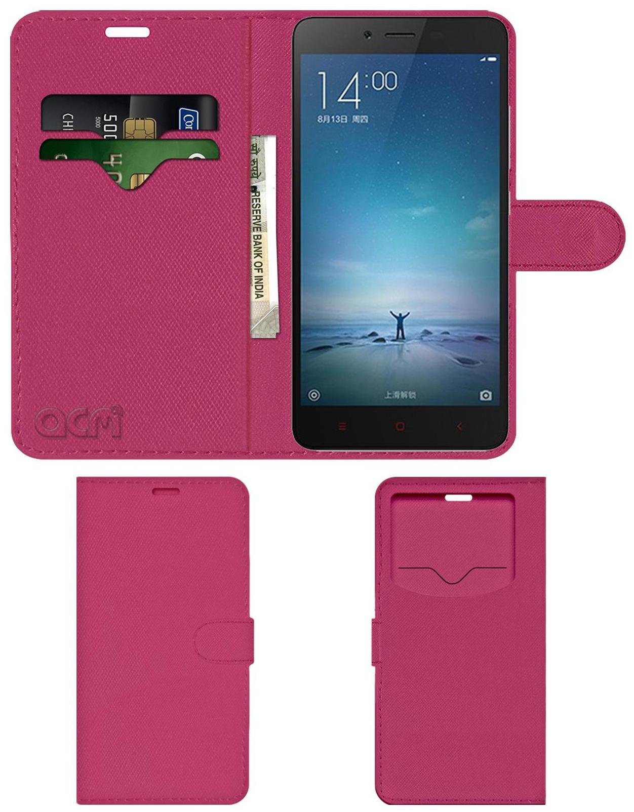 Acm Leather Window Flip Wallet Front Back Case for Xiaomi Redmi Note 2 Prime Mobile Cover Pink by Accessories Masters