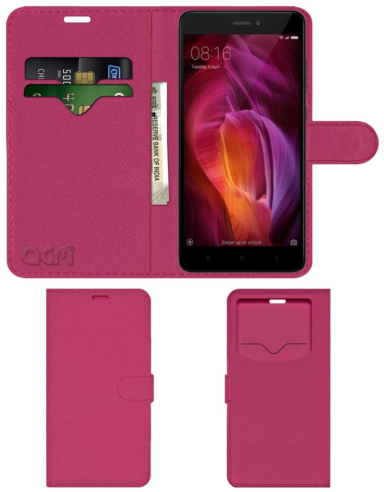 Acm Leather Window Flip Wallet Front Back Case for Xiaomi Redmi Note 4 4 gb Mobile Cover Pink by Accessories Masters