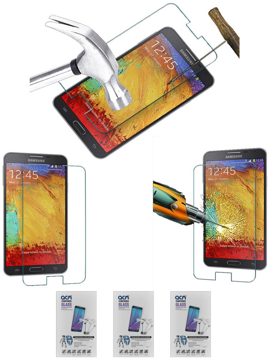 Acm Pack Of 3 Tempered Glass Screenguard For Samsung Galaxy Note 3 N9000 Mobile Screen Guard Scratch Protector