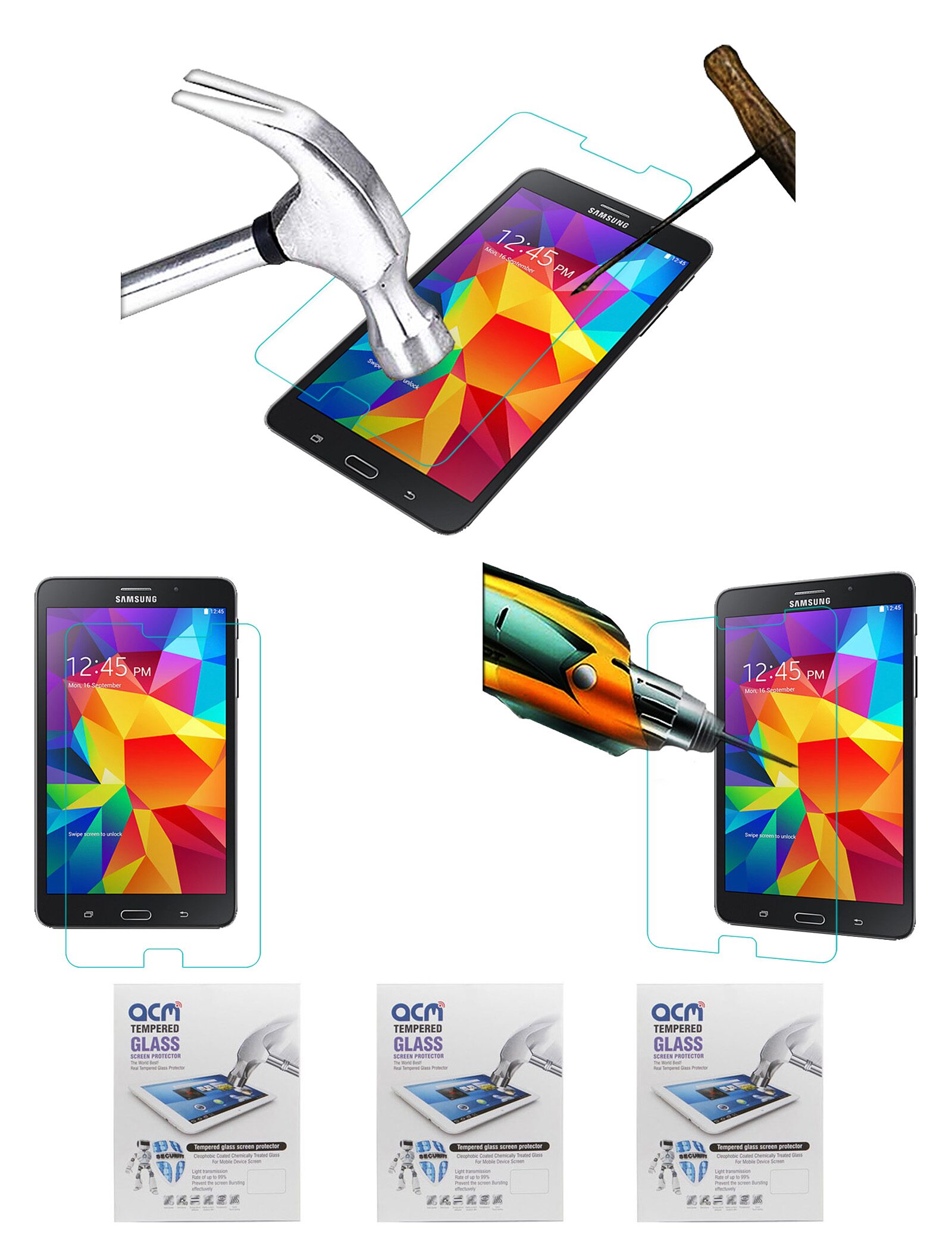 Acm Pack of 3 Tempered Glass Screenguard for Samsung Galaxy Tab 4 T231 Screen Guard Scratch Protector