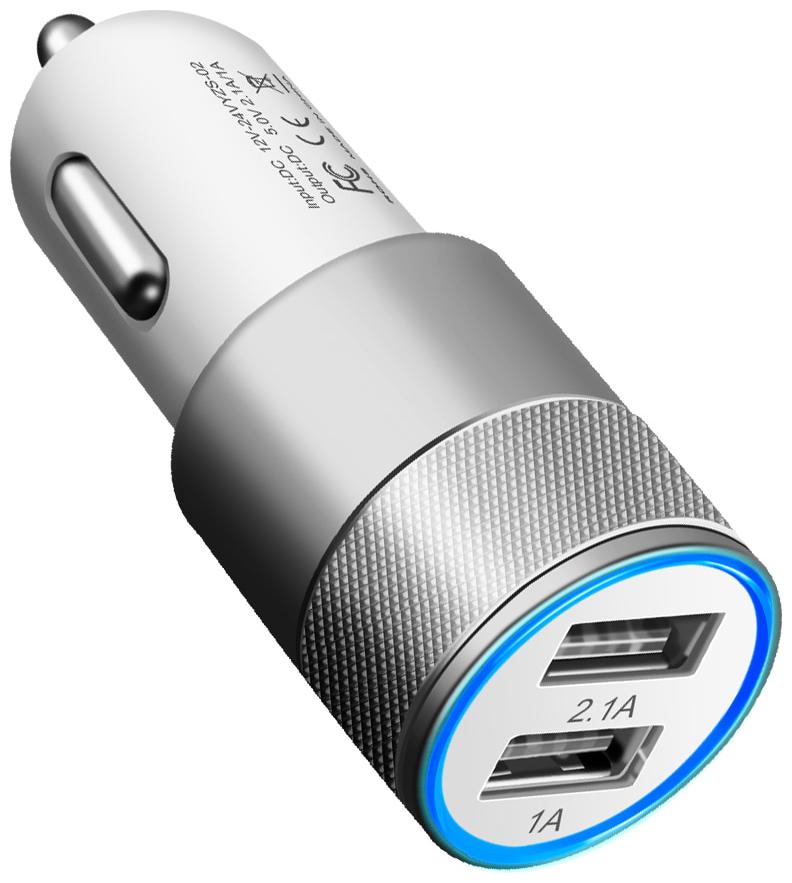 

Azania Car Charger Dual USB Port 2 1A USB Charging Adapter Mini Fast Charger Silver White