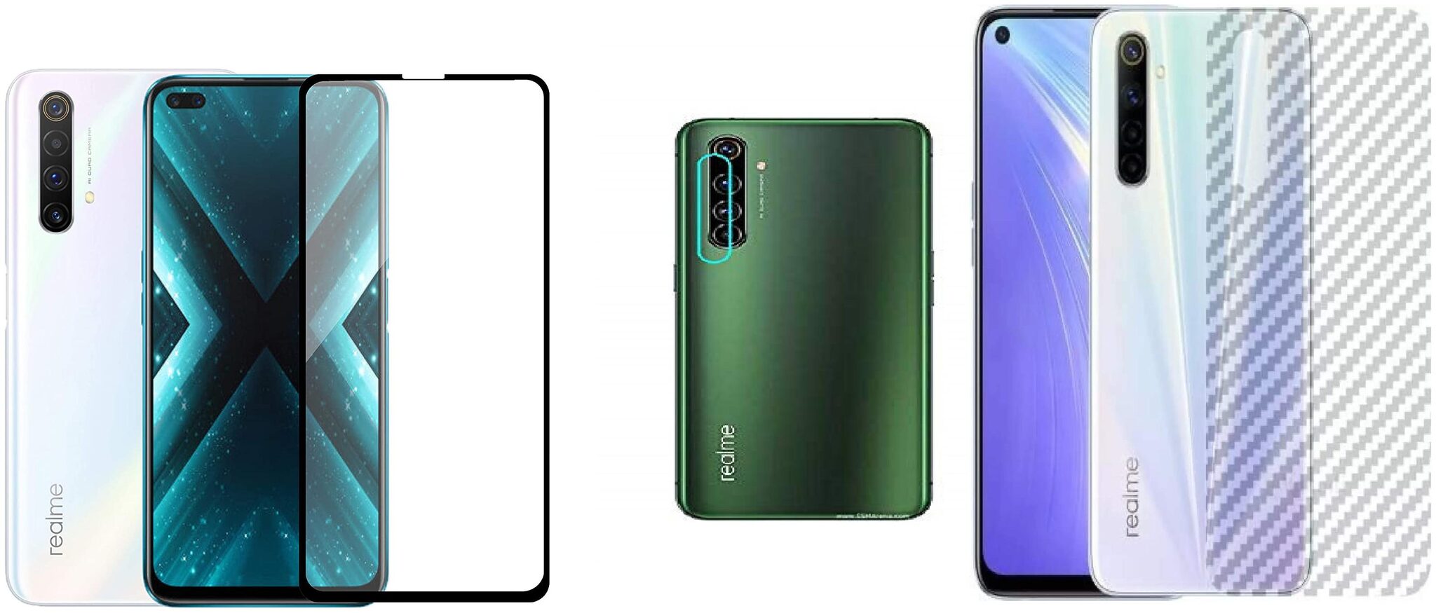 

ACCESORIES LEGACY 3 in 1 for Realme X3 11D 13D gorilla tempered glass with clear 3d carbon fiber back skin rear screen guard protector with camera protector tempered glass