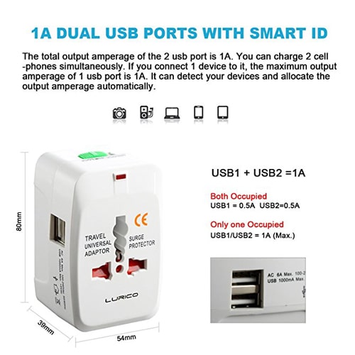 150 Countries Supported Universal Adaptor Worldwide Travel Adapter with Built In Dual USB Charger Ports All in one Chargers 250V Surge/Spike Protected
